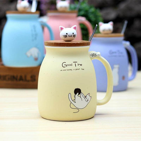 Good Time Ceramic Cat Mug With Lid and Spoon