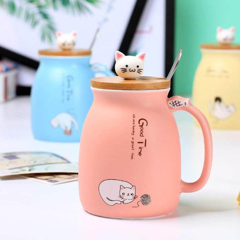 Good Time Ceramic Cat Mug With Lid and Spoon