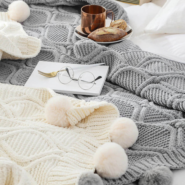 Knitted Pom-Pom Throw Blanket– Snug Sanctuary - Main Image